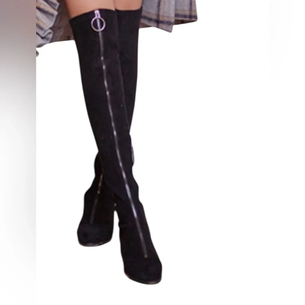 Black Over-the-Knee Women's Boots Suede Flat Tall Warm Long Boots ZipUp Size 8.5